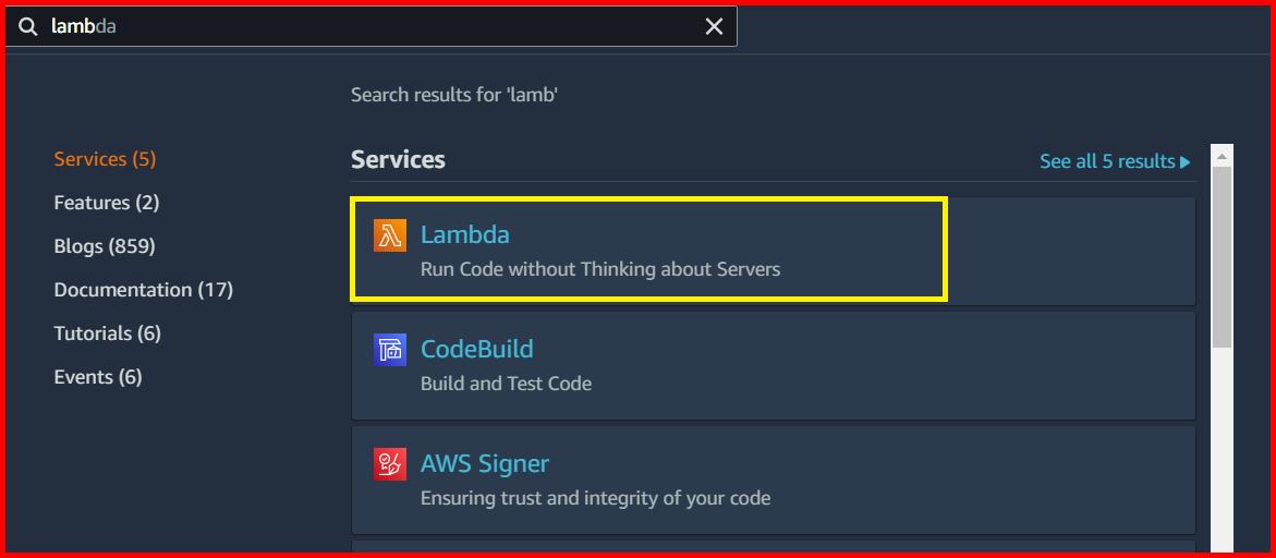 Picture showing the lambda function in AWS console search result